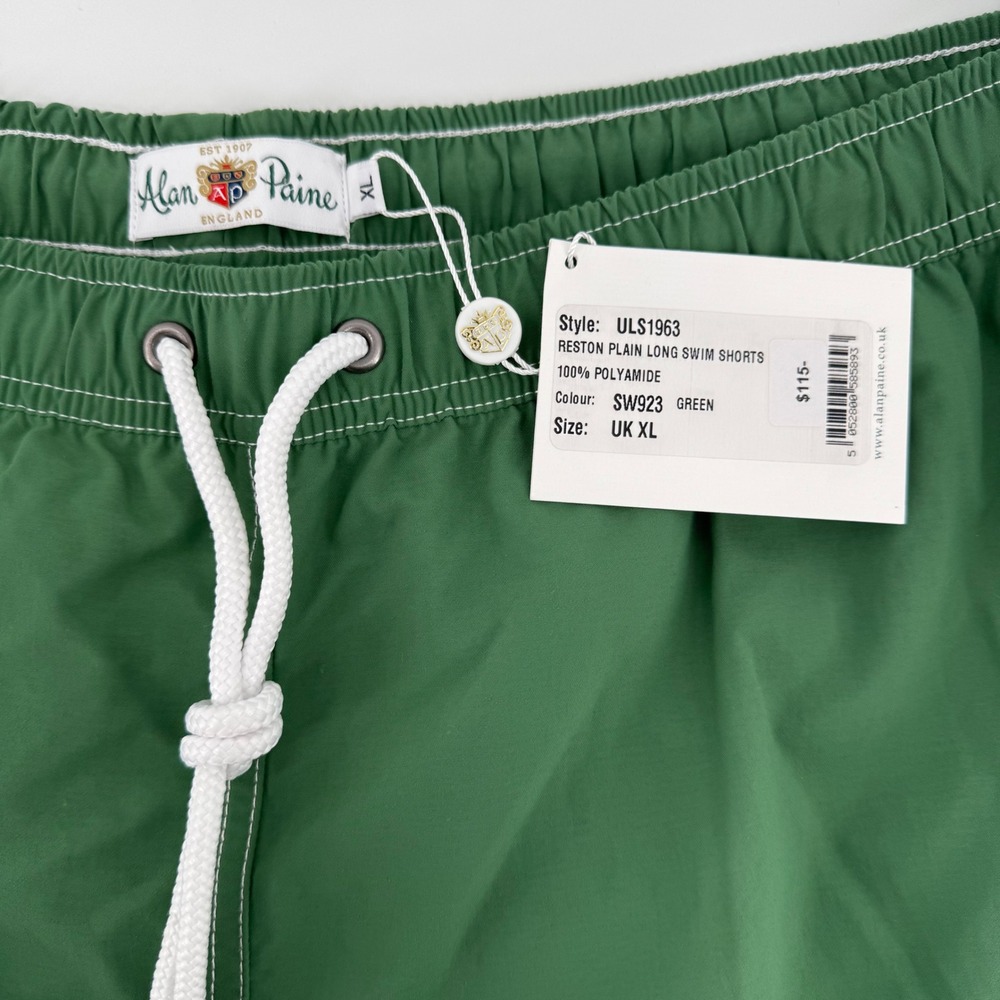 Alan Paine Swim Shorts Mens XL Green Reston Plain Long Contrast Stitch NWT - Picture 3 of 7